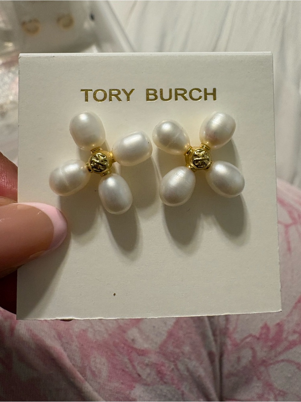 Tory Burch White Pearl Flower Cluster Stud Earrings with Gold Centers